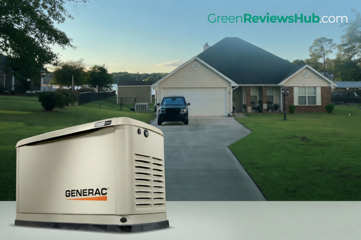 Generac Guardian whole-house generator installed at a single-family home — backup power that turns on automatically when the grid fails