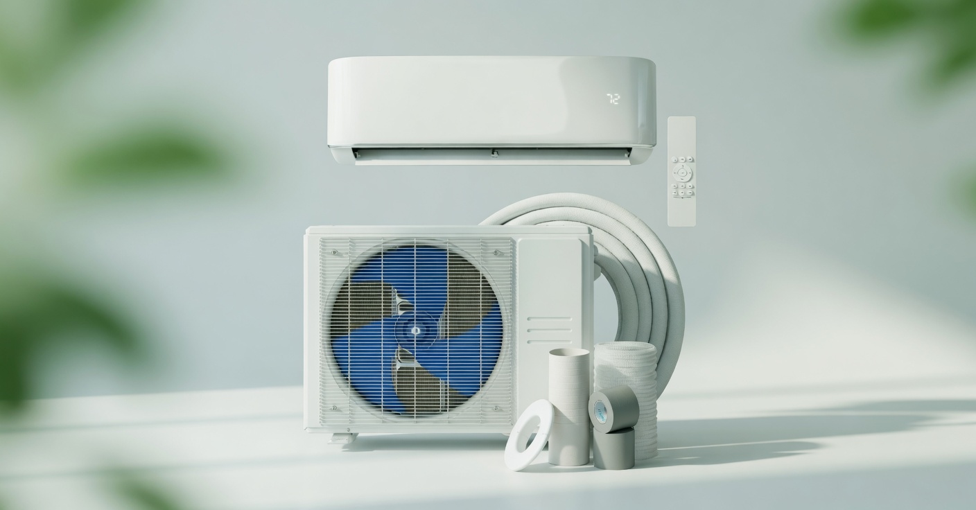 Best mini split AC 2026 — full system shot showing indoor head, outdoor condenser, and line set
