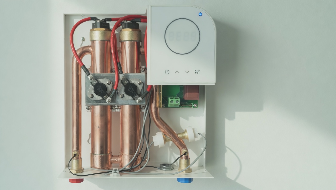Tankless water heater interior showing copper heat exchangers — quality components affect cost