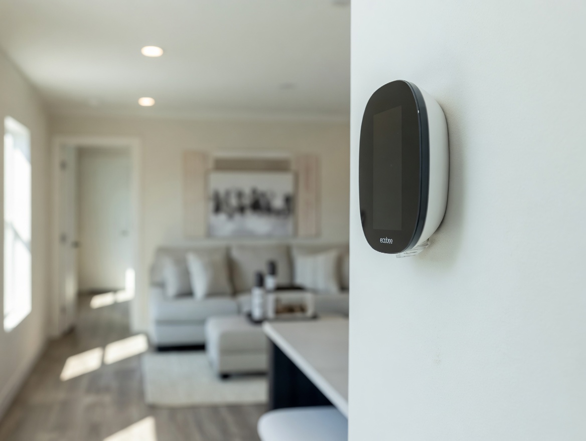 Ecobee Smart Thermostat Enhanced installed in a modern home hallway
