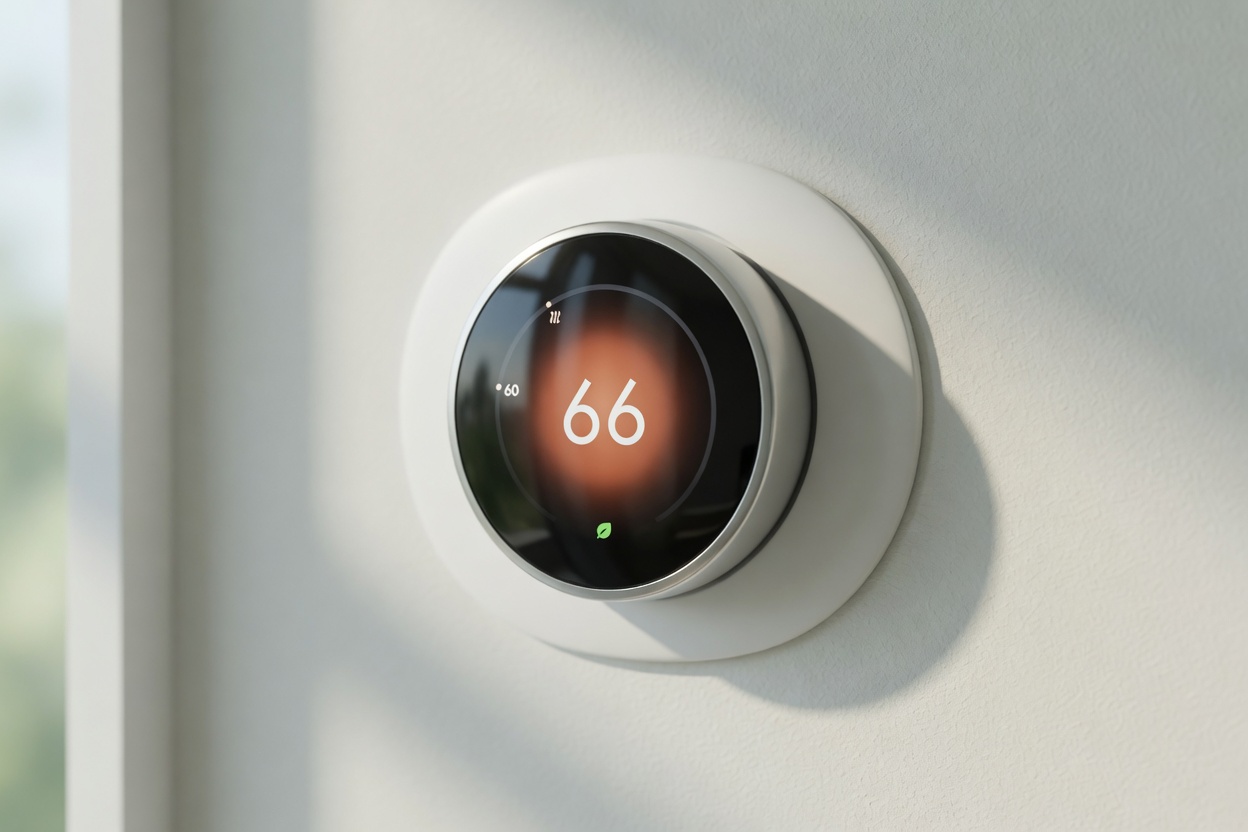 Google Nest Learning Thermostat 4th gen — round dial showing 66° with characteristic warm glow